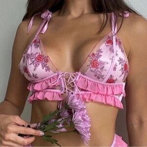 For Love And Lemons Pink Ruffled rose bloom bralette